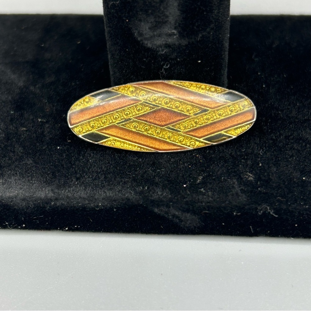 Vintage Enamel Oval Brooch Gold Tone Brown Yellow Mid Century Pin